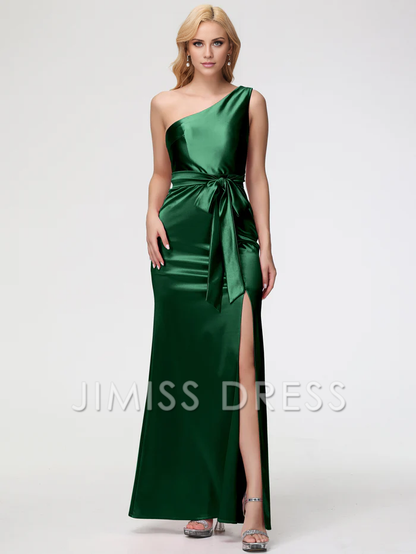 single shoulder trumpet/mermaid sleeveless pleated satin Prom dress