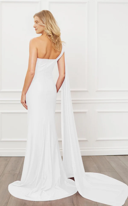 Asymmetric collar sleeveless tight corset and floor length evening gown