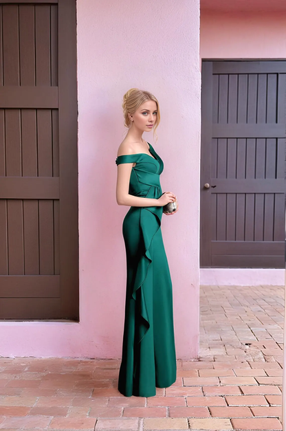 off shoulder collar with ruffled edges, side split and floor length Prom dress