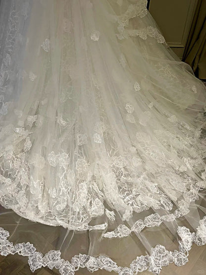Girlhomeshops-White floral lace long elegant tulle wedding prom dress gh5436