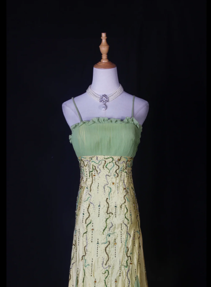 Chic Spaghetti Straps Yellow-green Satin Beaded Mermaid Long Party Dress Birthday Evening Gown With Ruffles