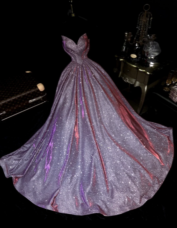 Sparkly Purple Strapless Satin Sequin Long Wedding Guest Dress Formal Party Dress SP1414