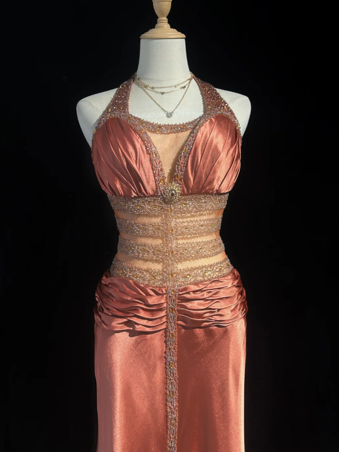 Vintage Halter Caramel Satin Beaded Mermaid Long Party Dress Formal Wedding Guest Dress SP1821