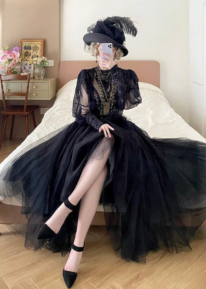 Dark Gothic Lace Tulle High Neck Long Sleeve Floor-length Ballgown Victorian Gothic Evening·Theme Party Dress gh6741