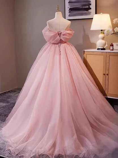 Pink Rose - Off-the-Shoulder 3D Floral Ball Gown, Tulle Train Princess Dress gh7071