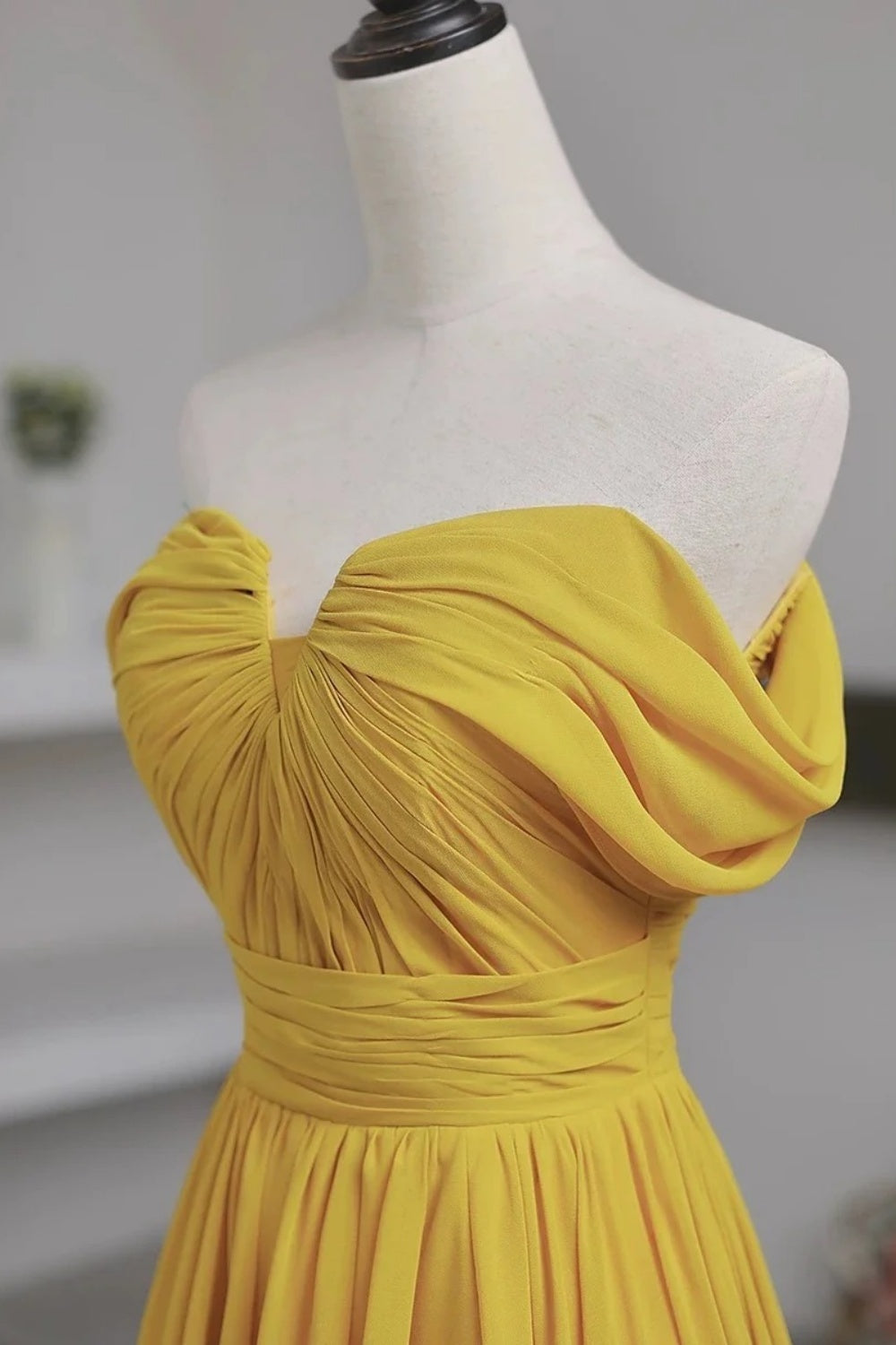 Off-the-Shoulder Ruched Chiffon Gown, Slit Flowy Elegant Dress gh7073