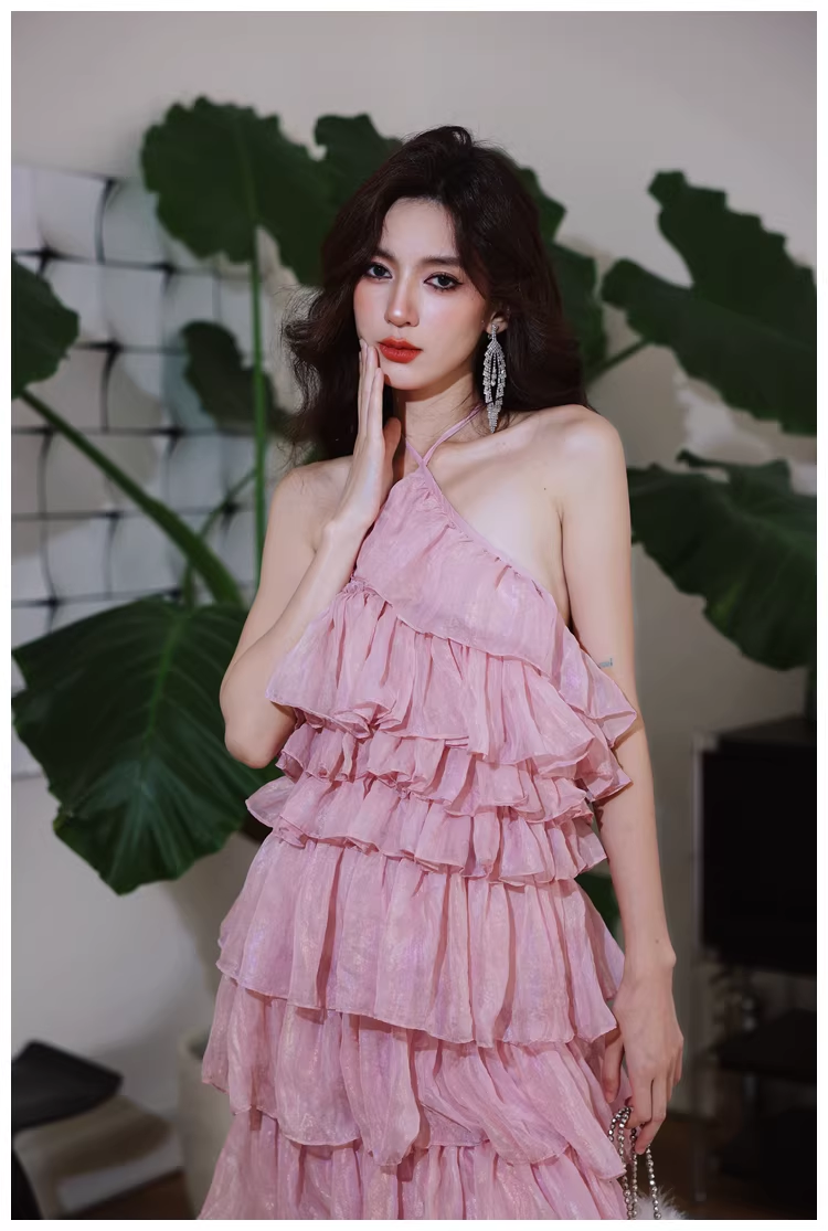 Pretty Pink Halter Chiffon Ruffle Layered Slit Long Birthday Prom Dress Evening Gown