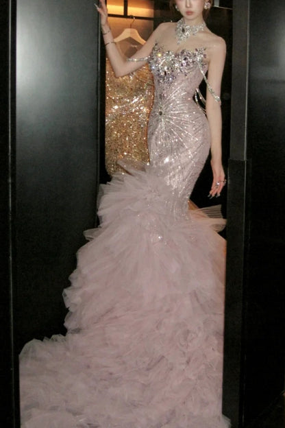 Pink Luxurious And Exquisite Pearl Embellishment Long Chiffon Mermaid Slim Fit Evening Gown gh6758
