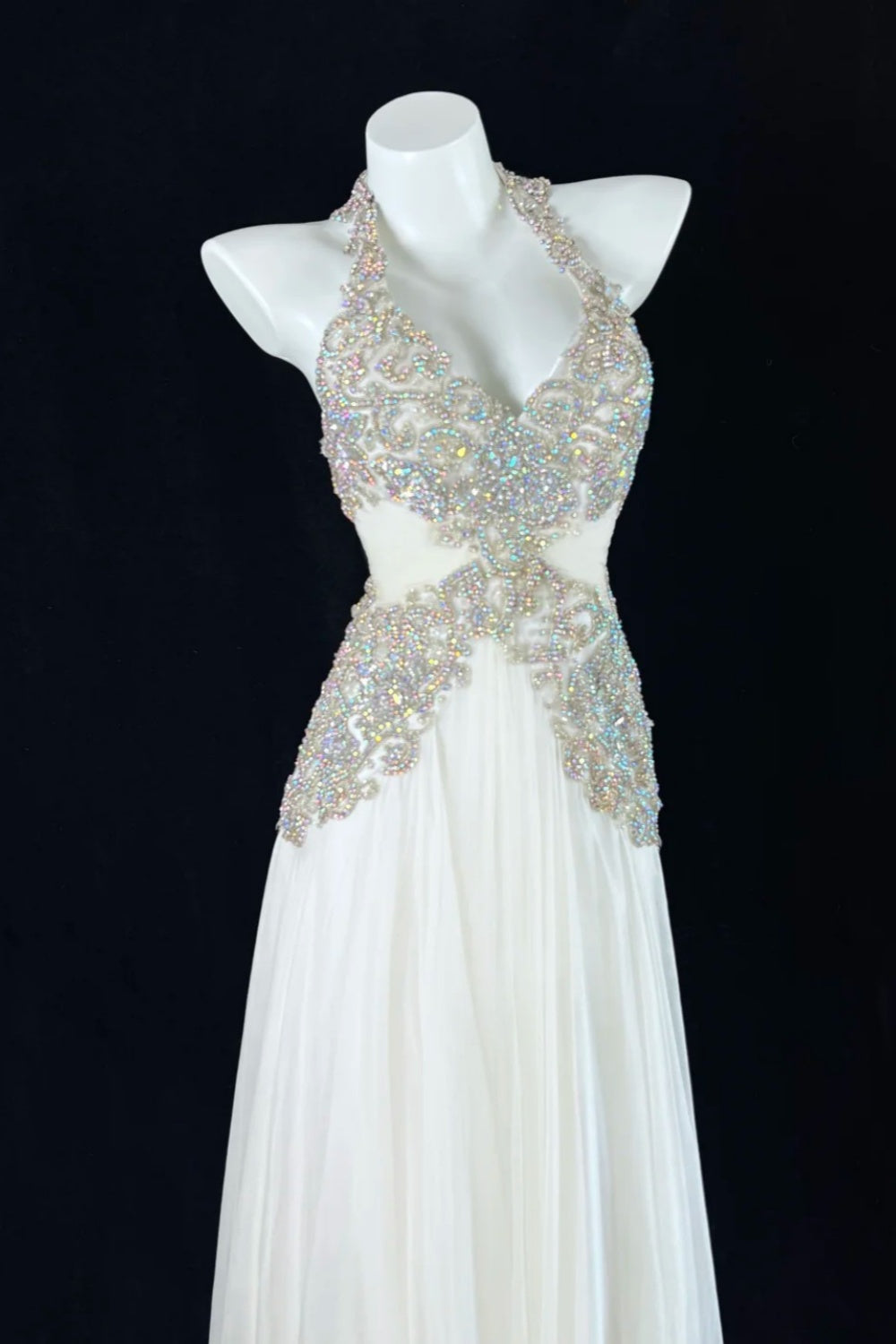White exquisite pearl embellishment long chiffon evening gown gh6756