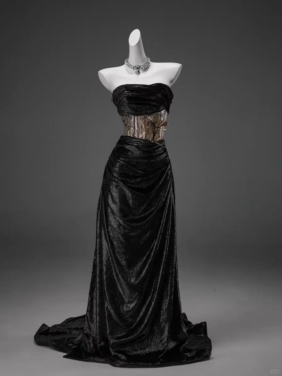 Black Elegant Fashionable Elegant Exquisite Golden Floral Texture Long Satin Floor-length Prom Dress Evening Dress Princess Graduation Dress Adult Ceremony Dress gh3846