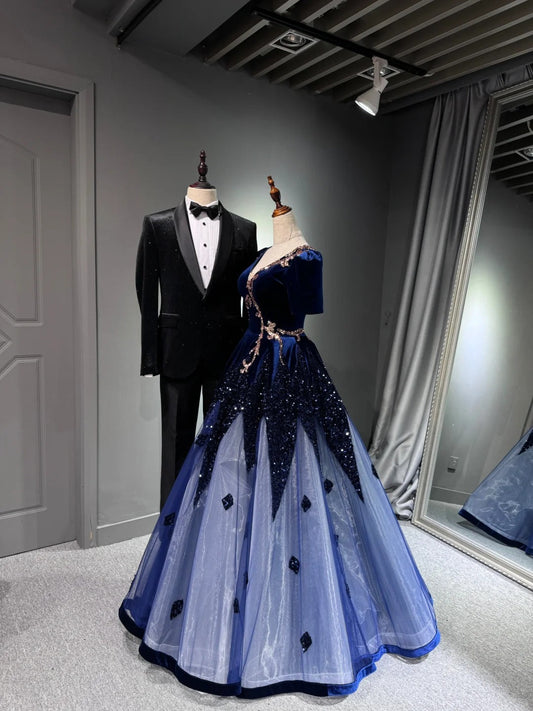 Girlhomeshops -Blue shiny long sequined tulle ball gown evening dress graduation dress gh5110