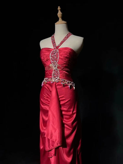 girlhomeshops-Pink Delicate Beaded Long Satin Prom Dress gh6241