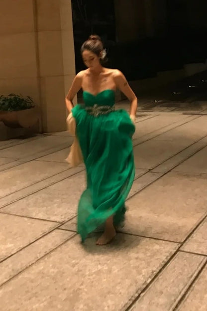 Green strapless fashionable and elegant long sheer evening gown gh6755