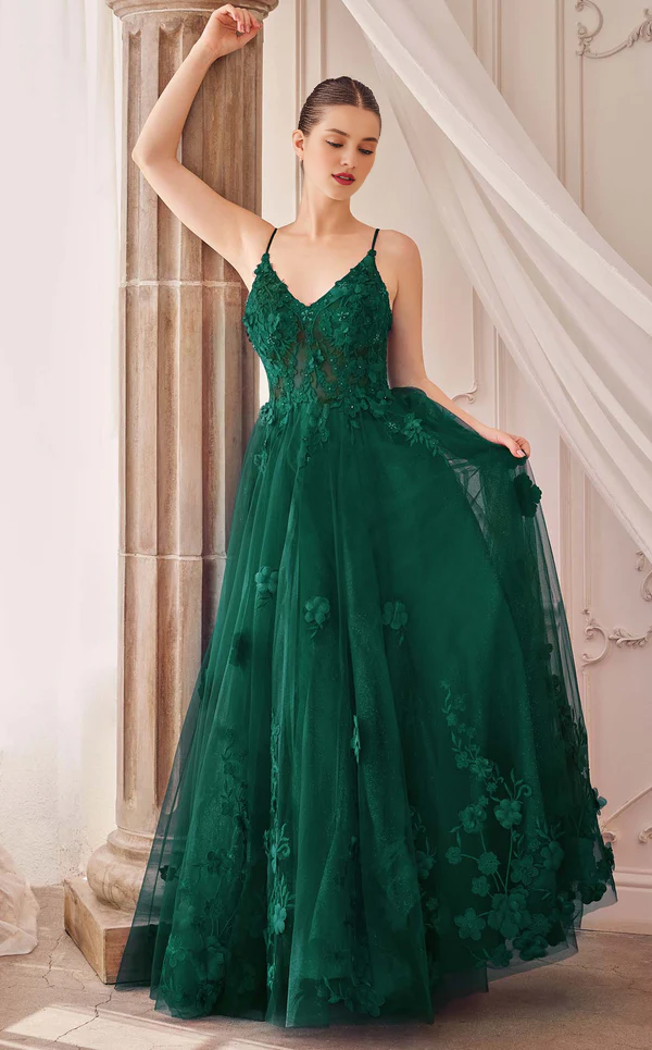 A-line 3D floral decal chiffon thin shoulder strap Prom dress