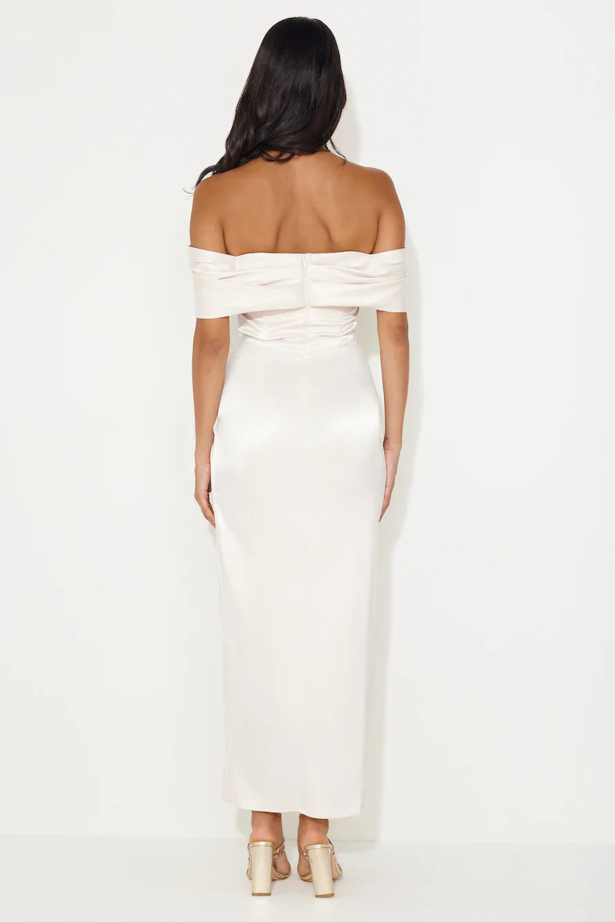off shoulder collar satin side slit long Prom dress