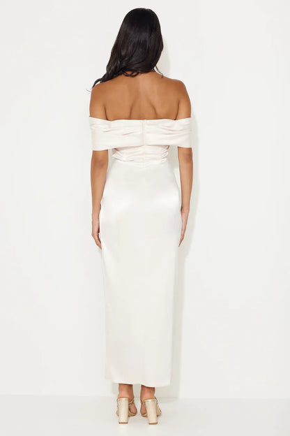 off shoulder collar satin side slit long Prom dress
