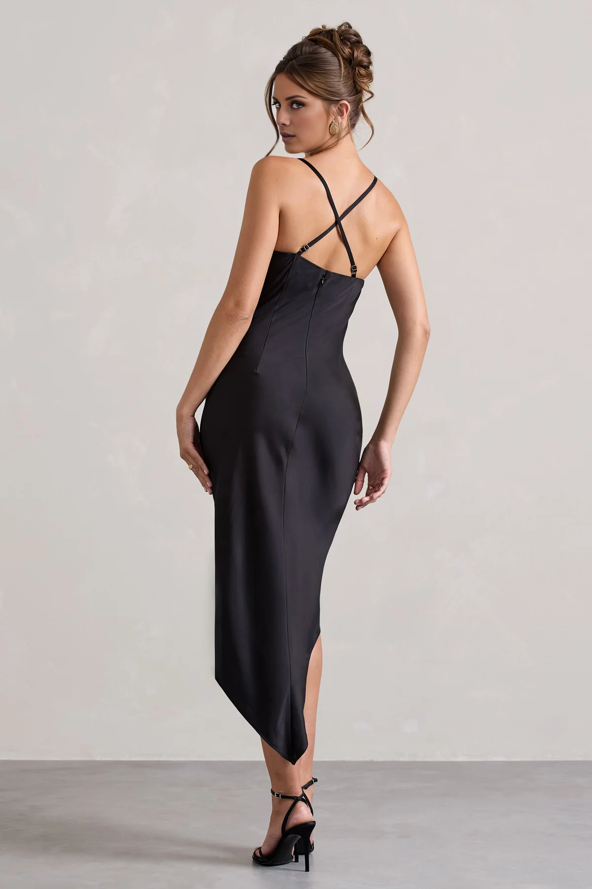 Asymmetric hanging collar backless satin mid length evening dress - dress