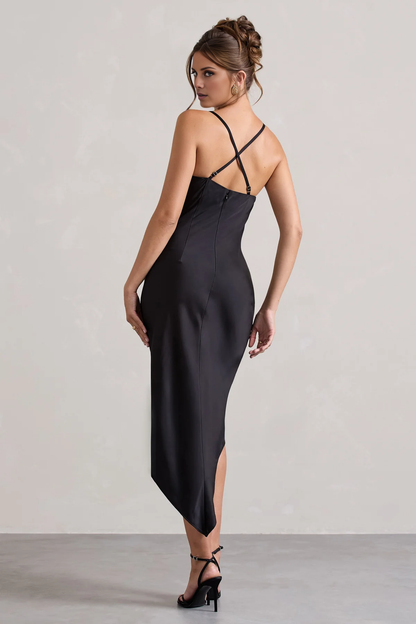 Asymmetric hanging collar backless satin mid length evening dress - dress