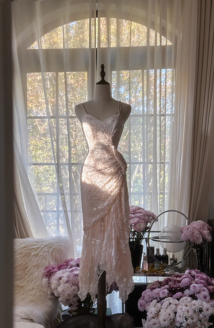 Light pink floral print halter-neck fitted bodycon long ball gown R7724
