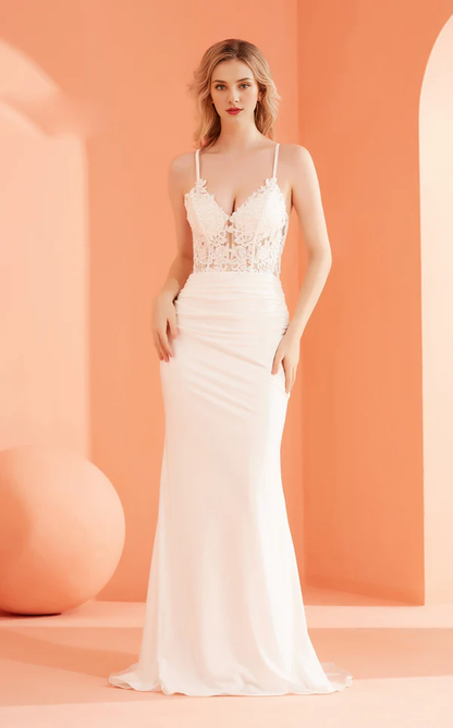 Deep V-neck floral embroidery tight fitting clothing and floor length Prom dress