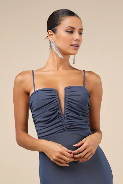 V collar off shoulder sleeveless thin shoulder strap backless and floor length evening dress