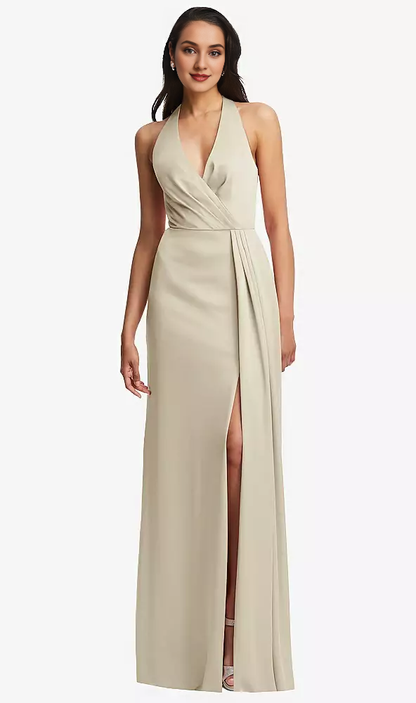 Pleated V-neck back slit horn and floor length Prom dress