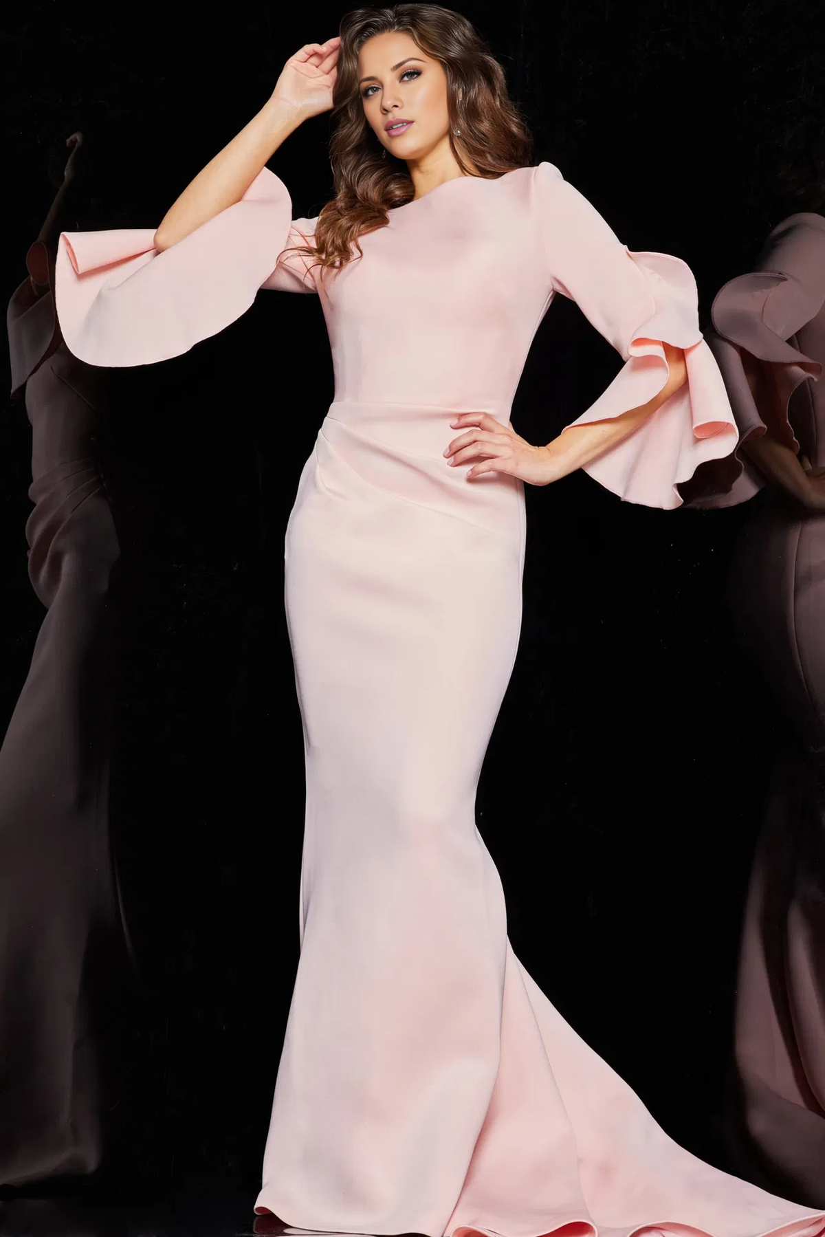 Mermaid scarf collar with ruffled edges long sleeves and floor length mother of the bride dress