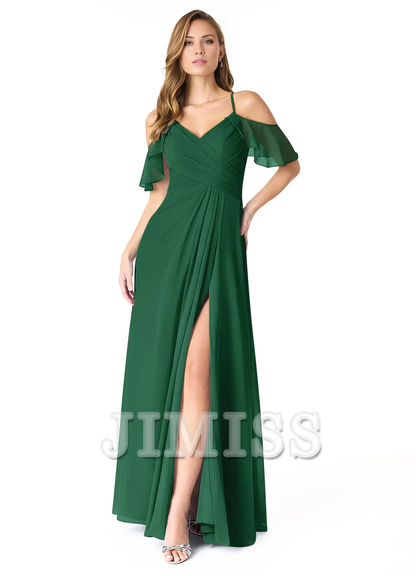 A-line V-neck pleated chiffon side slit and floor length bridesmaid dress - Dress