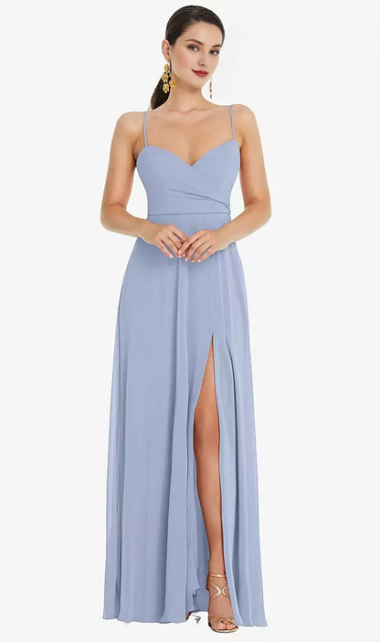 Adjustable front slit shoulder strap wrap Prom dress