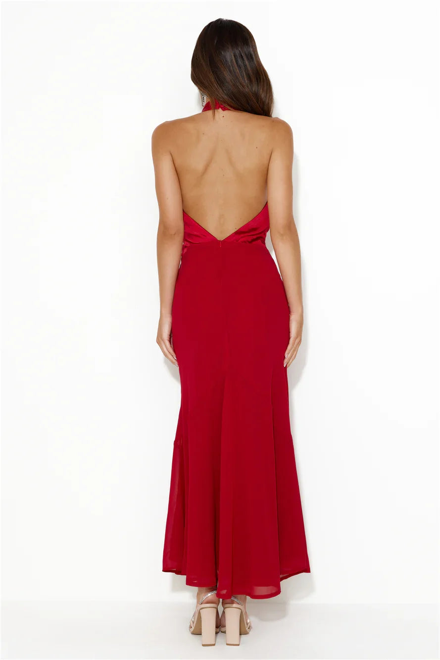 deep V-neck hanging satin backless long Prom dress