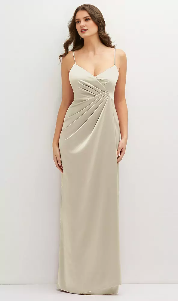 Asymmetric hanging pleats wrapped in satin with extra long Prom dress