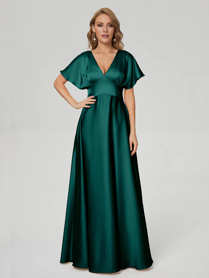 V-neck short sleeved and floor length Prom dress
