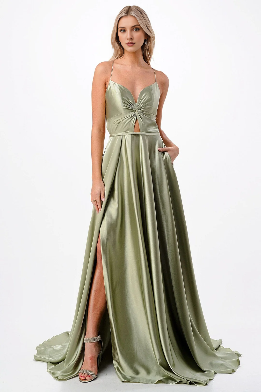 A-line slit skirt satin long sleeveless dress