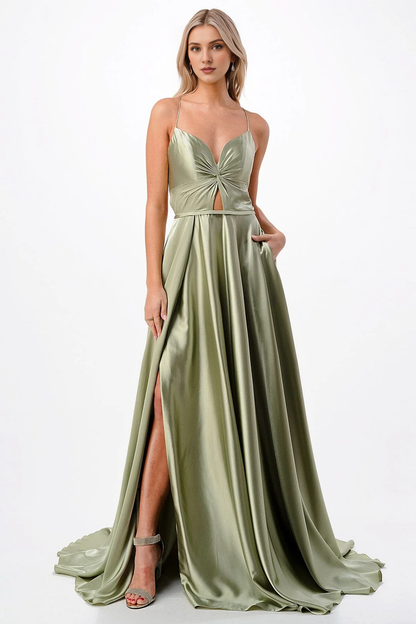 A-line slit skirt satin long sleeveless dress