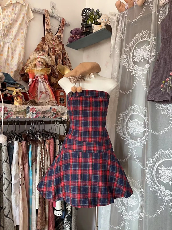 Pink plaid strapless fitted waist short prom dress R7561