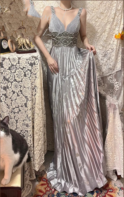 Grey beaded shiny elegant V-neck long satin ball gown evening gown gh4504