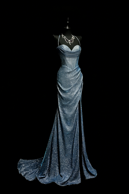 Galaxy Iridescent Style Blue Shimmer Halter Mermaid Gown - Starlight Theme Dinner & Red Carpet Dress gh6570