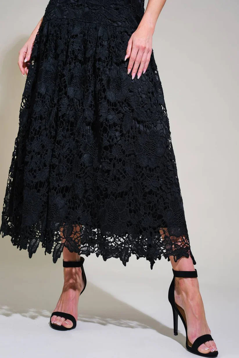 Lace mid length chicken neckline bow shoulder strap dress