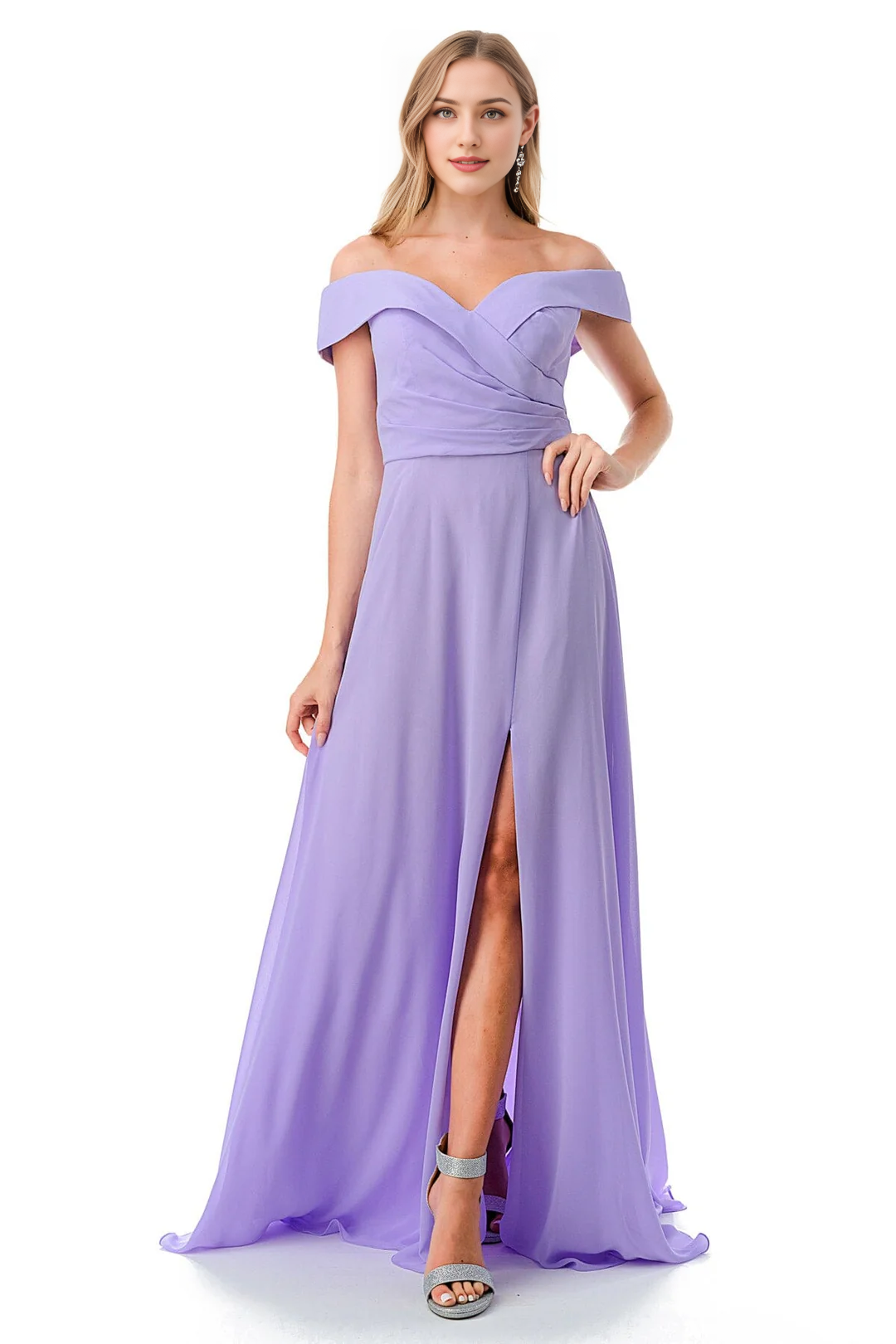A-line slit skirt pleated long off shoulder dress