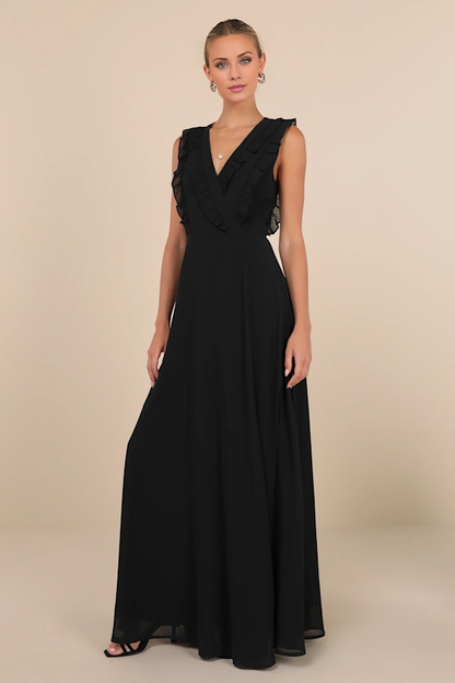 A-line V-neck sleeveless ruffle and floor length evening dress