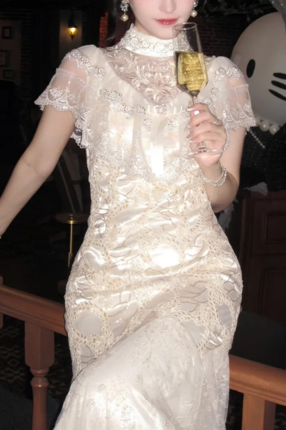girlhomeshops-Birthday dress Lace Embroidery High-neck Gown, Retro Elegance Shows Feminine Softness gh5898