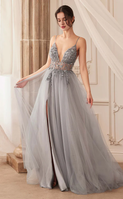 A-line deep V-neck embroidered chiffon thin shoulder strap chiffon prom dress