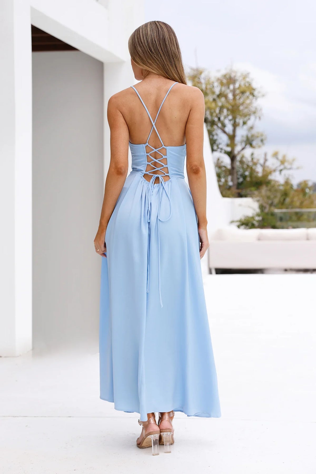 asymmetrical neckline thin shoulder straps side split and floor length Prom dress