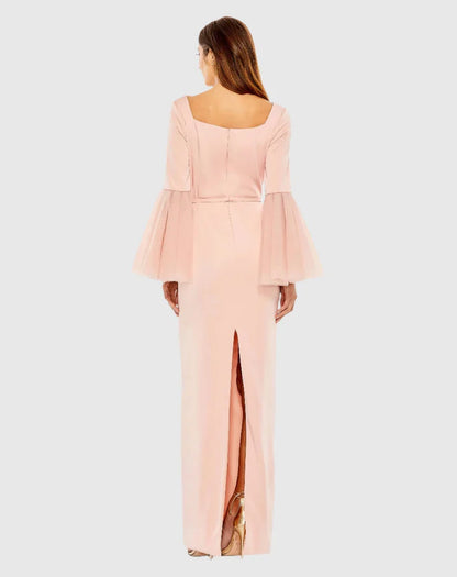 Ruffle sleeves square neck back slit floor length evening dress