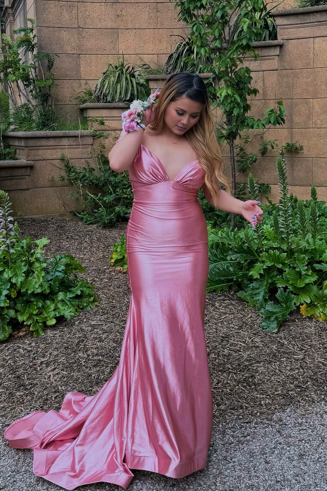 V neck pink pleated mermaid satin long dress