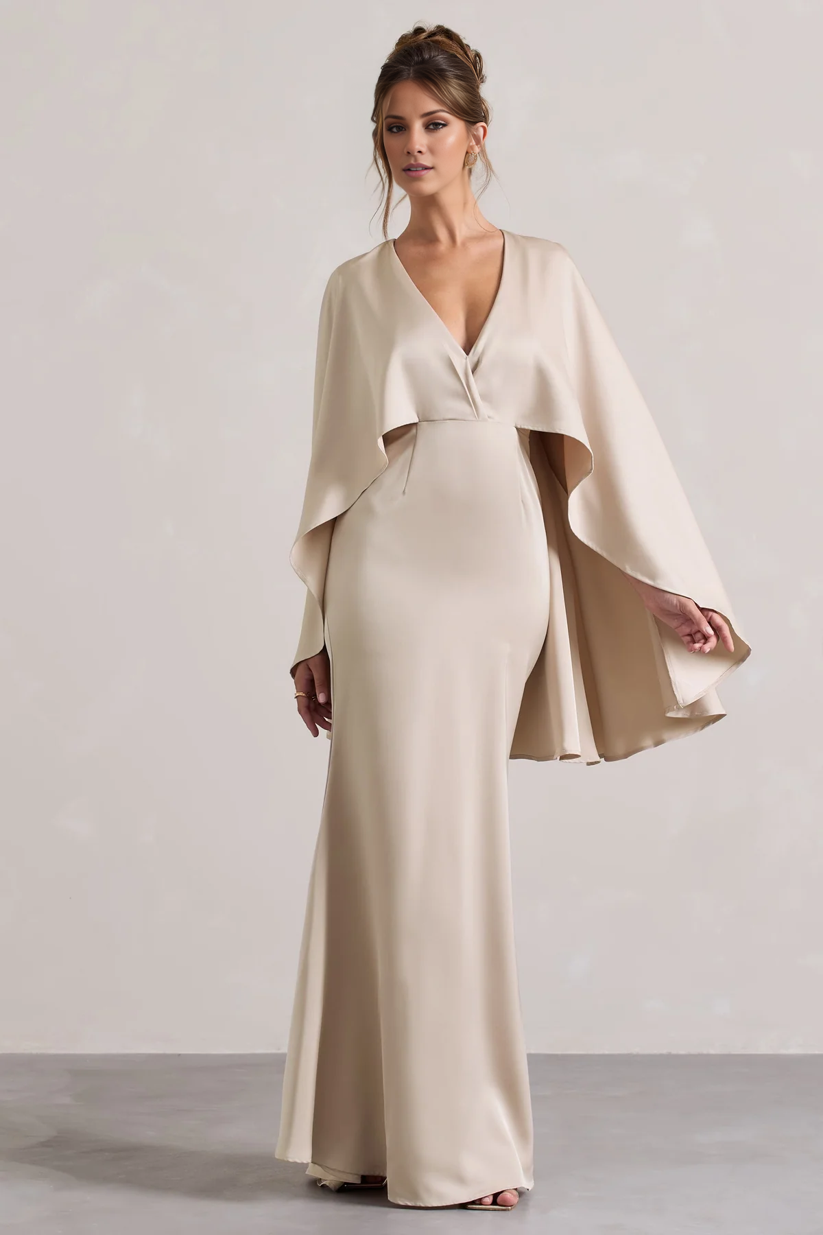 Cloak sleeves satin deep V-neck and floor length evening dress - dress