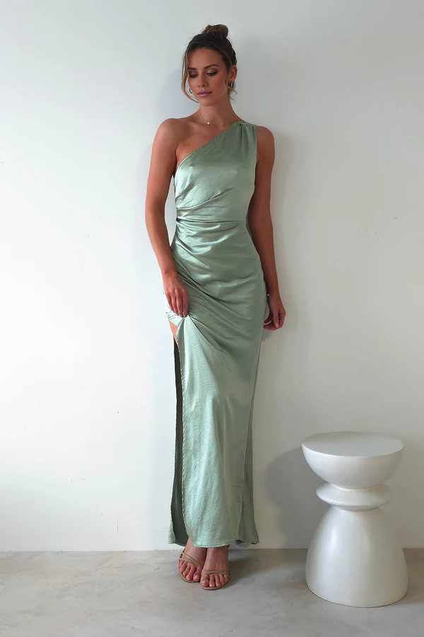 Asymmetric collar satin side slit long Prom dress - Dress