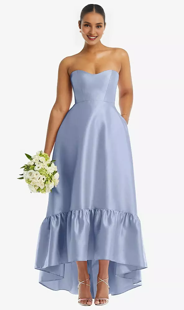 Pocket strapless deep ruffle hem satin high low prom dress