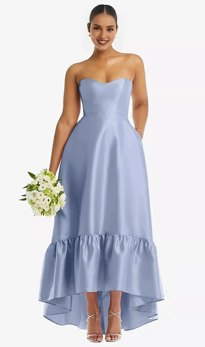 Pocket strapless deep ruffle hem satin high low prom dress