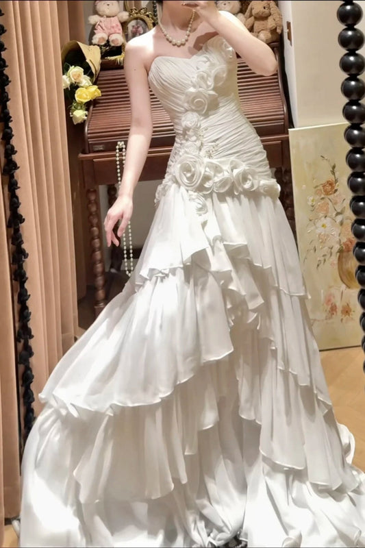 girlhomeshops-White Sweetheart Neckline Floral Long Tulle Princess Formal Prom Dress Graduation Dress Evening Dress Wedding Dress gh5976